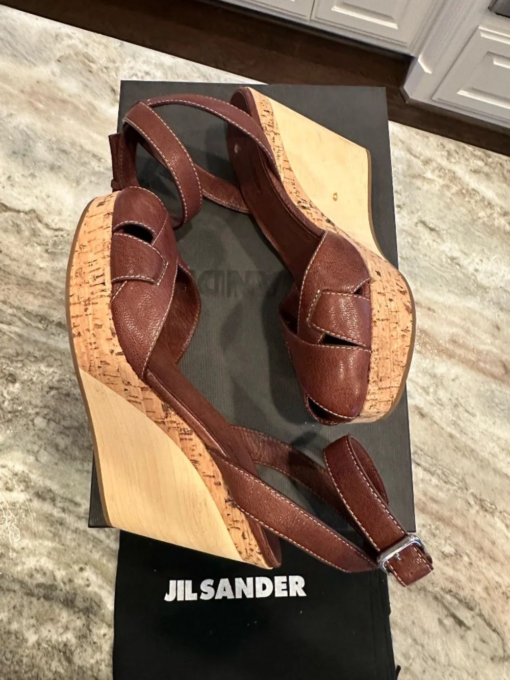 Jil Sander Y2K Leather Cork Wood Wedge Sandals Brown 37.5 Made in Italy